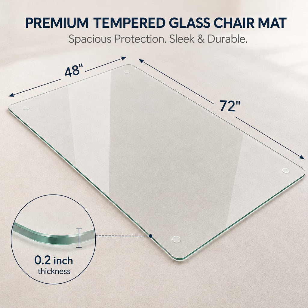 48 x 72 Inch Glass Chair Mat, 1/5 Inch Thick Tempered Glass Office Chair Mat for Carpet and Hardwood Floors, Heavy Duty Clear Desk Floor Protector with Rounded Corners and 8 Non-Slip Pads