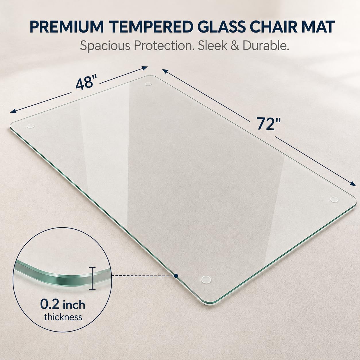 48 x 72 Inch Glass Chair Mat, 1/5 Inch Thick Tempered Glass Office Chair Mat for Carpet and Hardwood Floors, Heavy Duty Clear Desk Floor Protector with Rounded Corners and 8 Non-Slip Pads