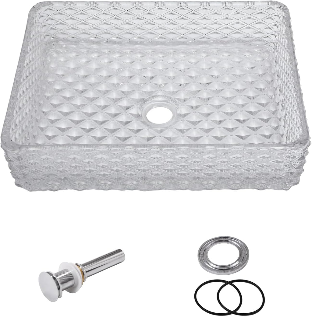 Sarlai Bathroom Vessel Sink Tempered Glass Bowl Vessel Sink with Pop-up Drain Combo 17-1/2x13 Inch Diamond Rectangular Countertop Bathroom Sink Basin