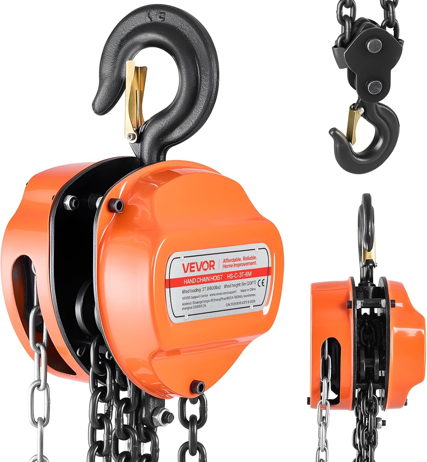 VEVOR Hand Chain Hoist, 3 Ton 6600 lbs Capacity, Manual Chain Block with Upgrade G80 Galvanized Chain, 20 ft Lifting Height, Heavy Duty Pulley Hoist for Garage Warehouse Automotive Machinery, Orange