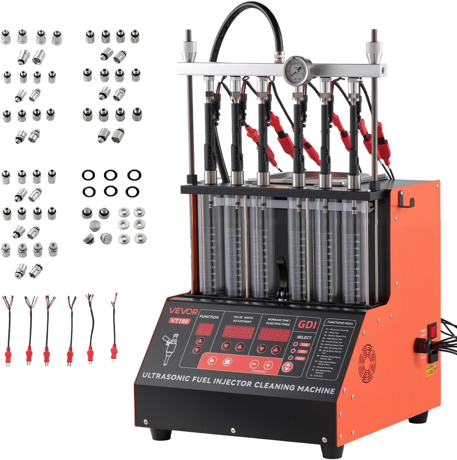 VEVOR Fuel Injector Cleaner Tester, 9 Test Modes, 6-Cylinder 28kHz Ultrasonic Cleaning Machine Adjustable 12V/70V/120V for EFI/FSI/GDI, Injector Cleaner Machine with Drain Valve for Car & Motorcycle