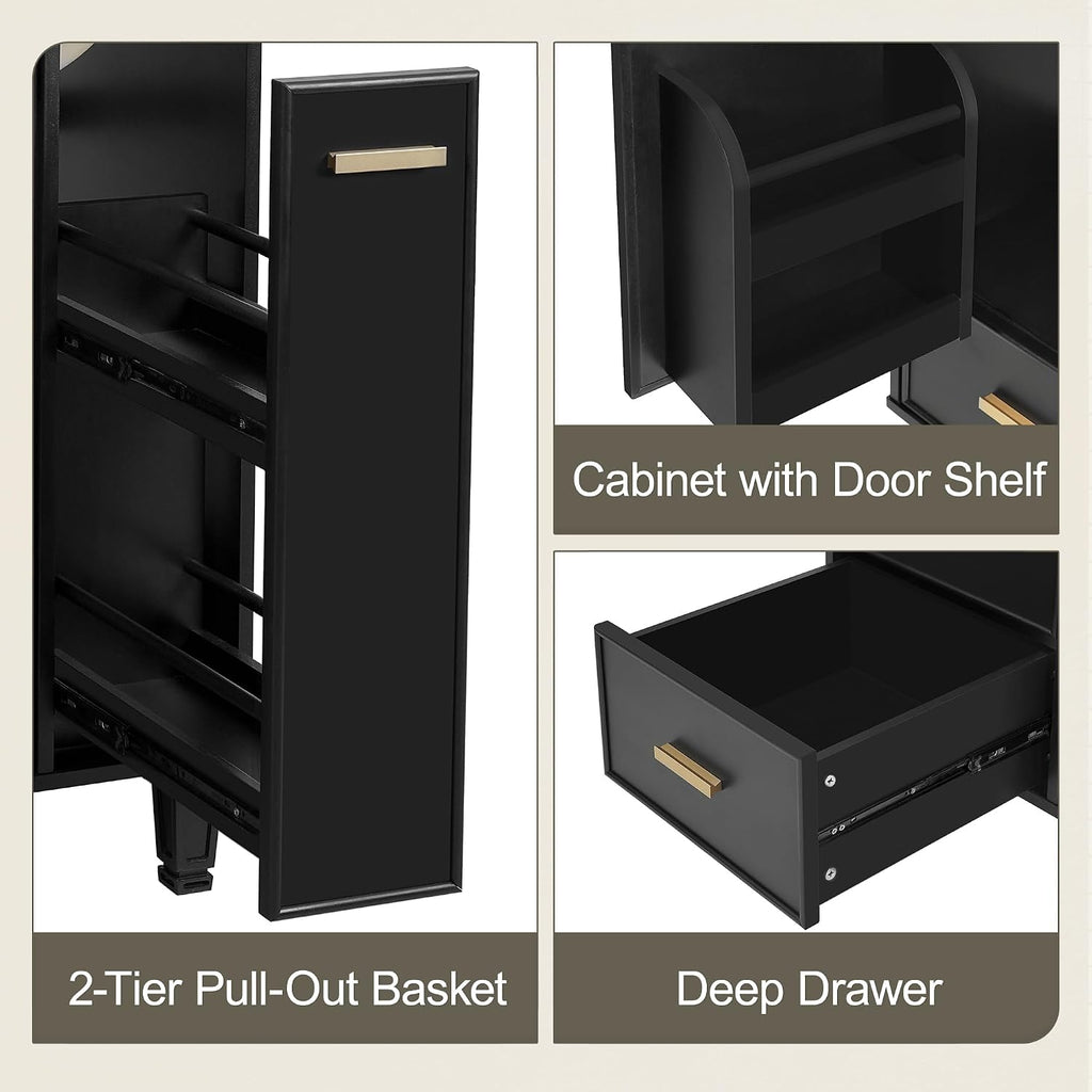 24-inch Bathroom Vanity with Sink Combo, Free-Standing Single Storage Cabinet with Door Shelf, 2-Tier Pull-Out Basket, and Deep Drawer, Wood Vanity with Ceramic Basin for Bathroom (Black)