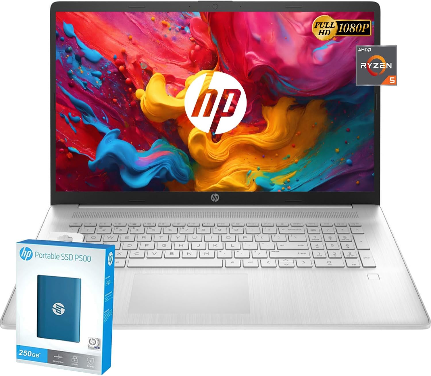 HP 2024 New 17 inch Laptop, AMD Ryzen 5 5500U 6-Cores Processor(Beat i7-1250U), 17' FHD (1080p) IPS Display, 32GB RAM, 1TB SSD, Fingerprint Reader, Windows 11 Pro, w/WOWPC Recovery USB