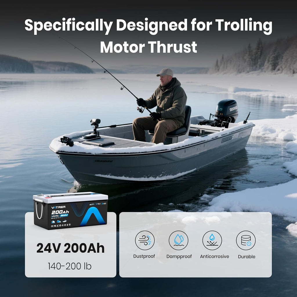 24V 200AH Self-Heating Trolling Motor LiFePO4 Lithium Battery, VATRER POWER Deep Cycle LiFePO4 Battery with 5120W Built-in 200A BMS for Trolling Motors, Marine, RV, Off-Grid Applications