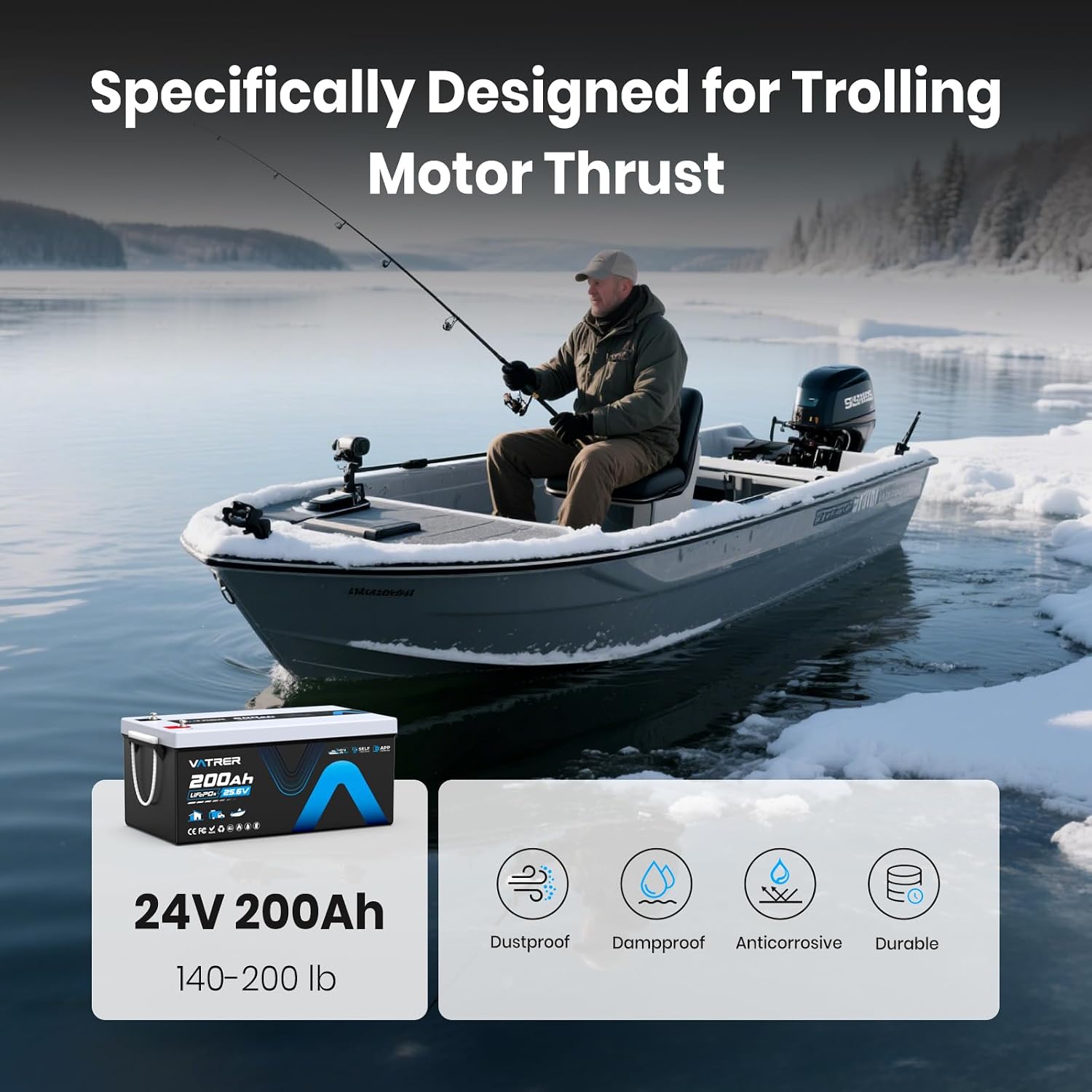 24V 200AH Self-Heating Trolling Motor LiFePO4 Lithium Battery, VATRER POWER Deep Cycle LiFePO4 Battery with 5120W Built-in 200A BMS for Trolling Motors, Marine, RV, Off-Grid Applications