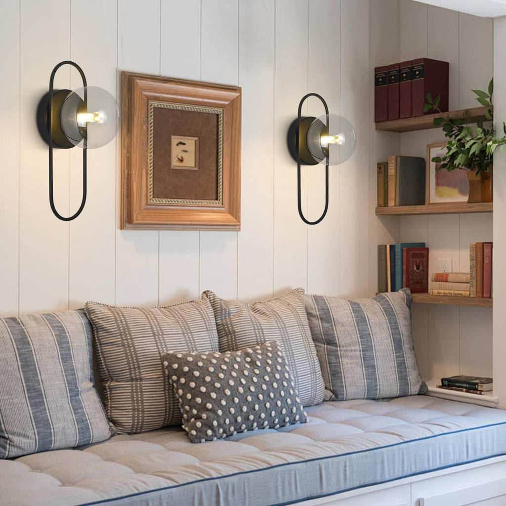 Mid Century Globe Wall Sconce Modern Indoor Sconces Wall Lighting Black Bathroom Sconces Set of 2 Bubble Glass Vanity Light Vintage Bedroom Wall Sconces (2 Pack)