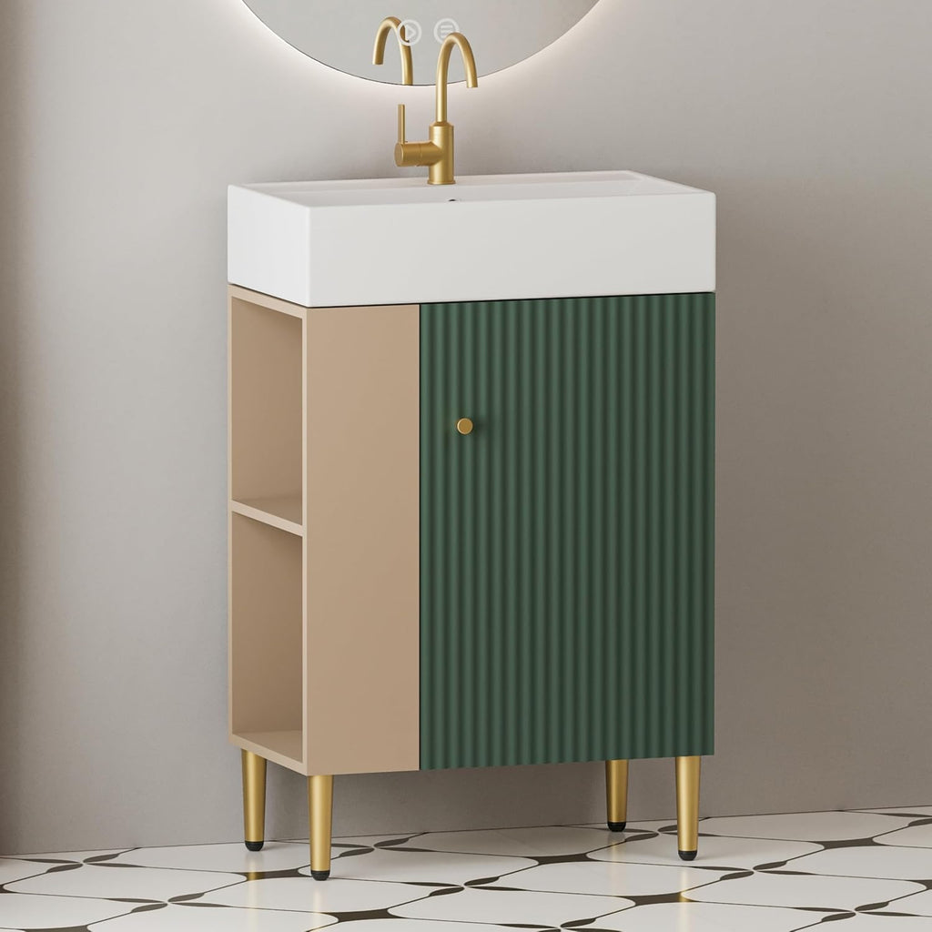 Merax 20 Inch Bathroom Vanity with Sink, Narrow Depth Bathroom Vanities,Wood Vanity Cabinet,Soft Closing Door,Freestanding Sink Cabinet W/Open Side Shelves, Dark Green