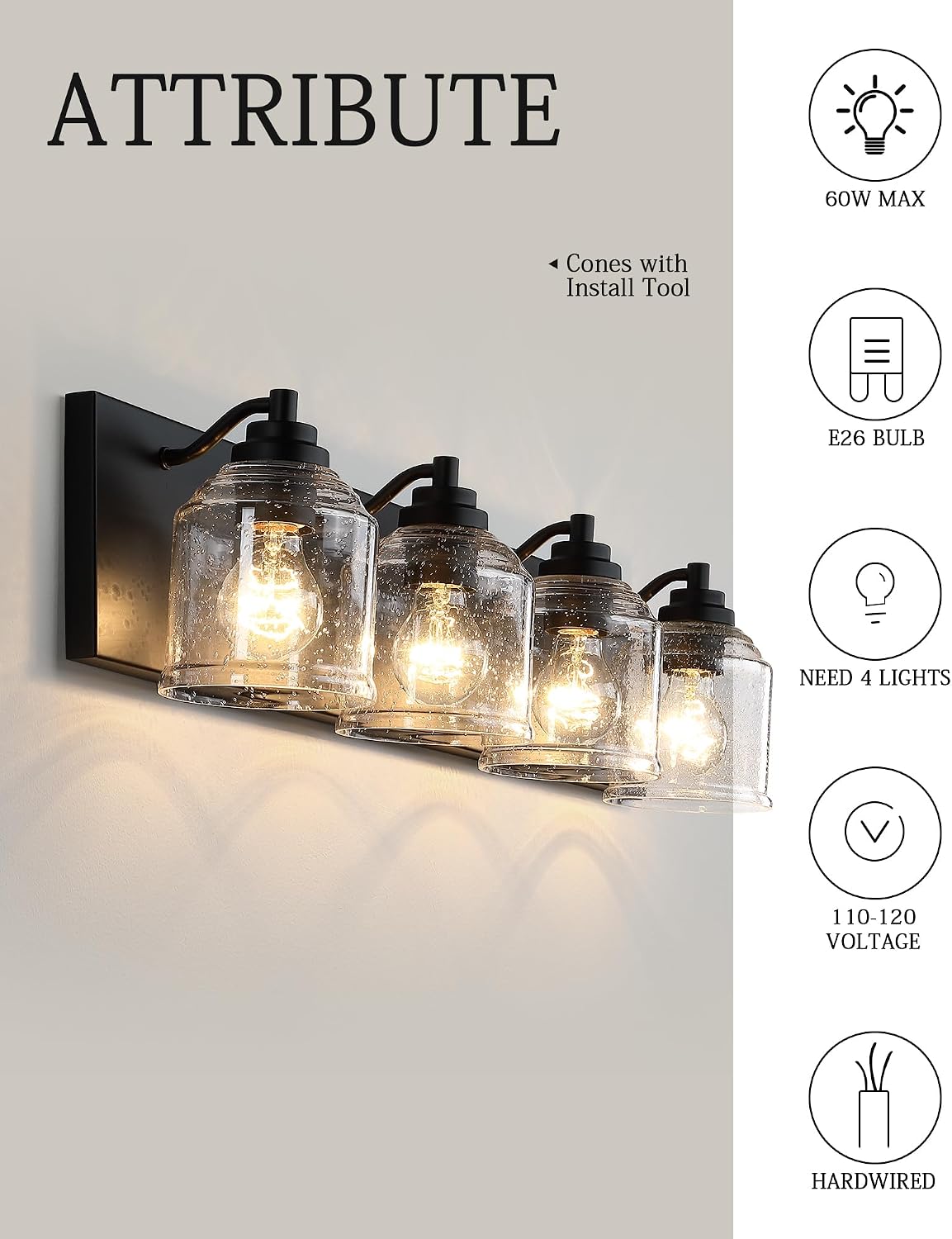 Vanity Lights for Bathroom Large 31.5', Farmhouse Rustic Vanity Light with Bubble Glass Shades, Black 4 Light Bathroom Lighting Fixtures Over Mirror, Bath Wall Sconce Home Decor