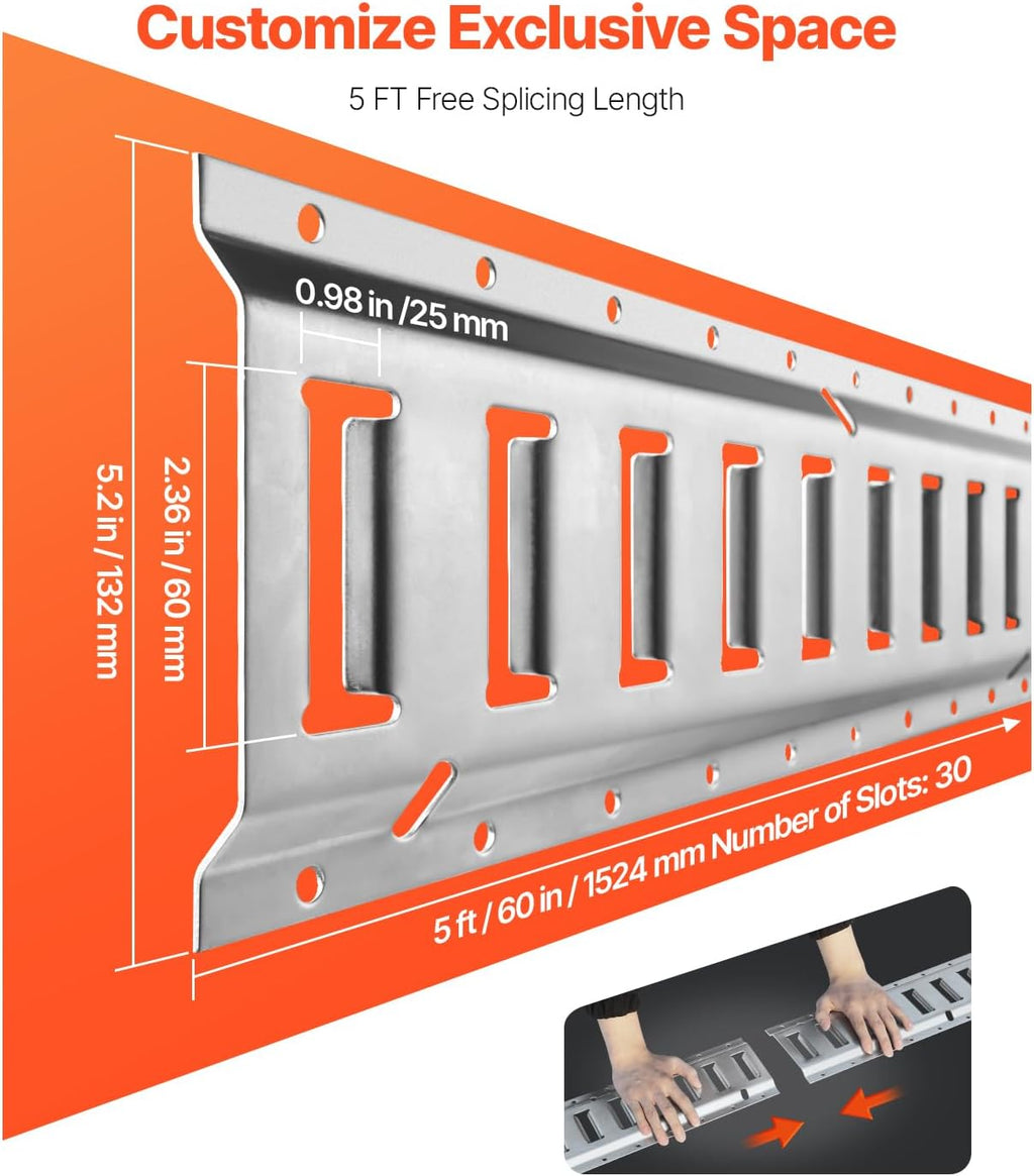 VEVOR E Track Tie-Down Rail Kit, 32PCS 5FT E-Tracks Set Includes 8 Steel Rails & 8 O Rings & 8 Tie-Offs with D-Ring & 8 End Caps, Securing Accessories for Cargo, Motorcycles, and Bikes