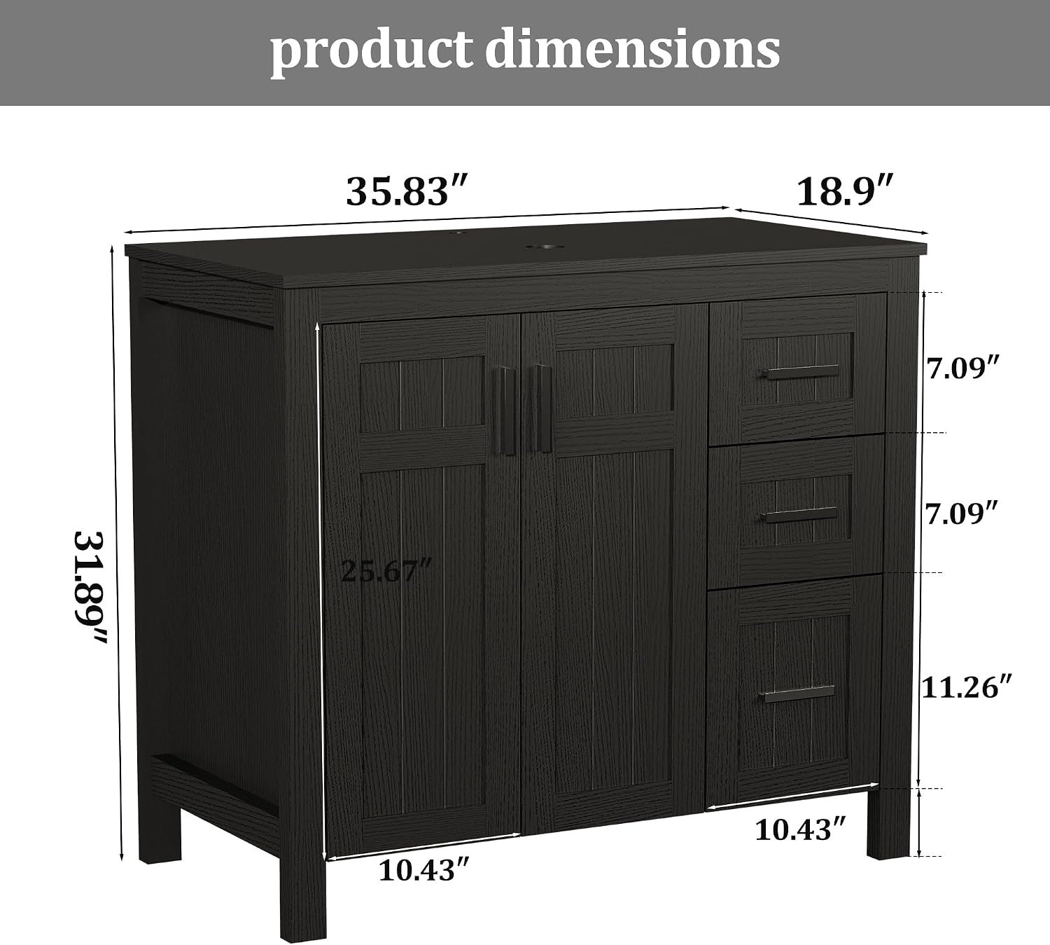UEV 36' Bathroom Vanity with Sink Combo,Modern Freestanding Sink Cabinet with 3 Drawers,Stylish Bathroom Vanity Cabinet,Grooved Door,Metal Handles,Vessel Sink (Bronze Boat, 36' Black)