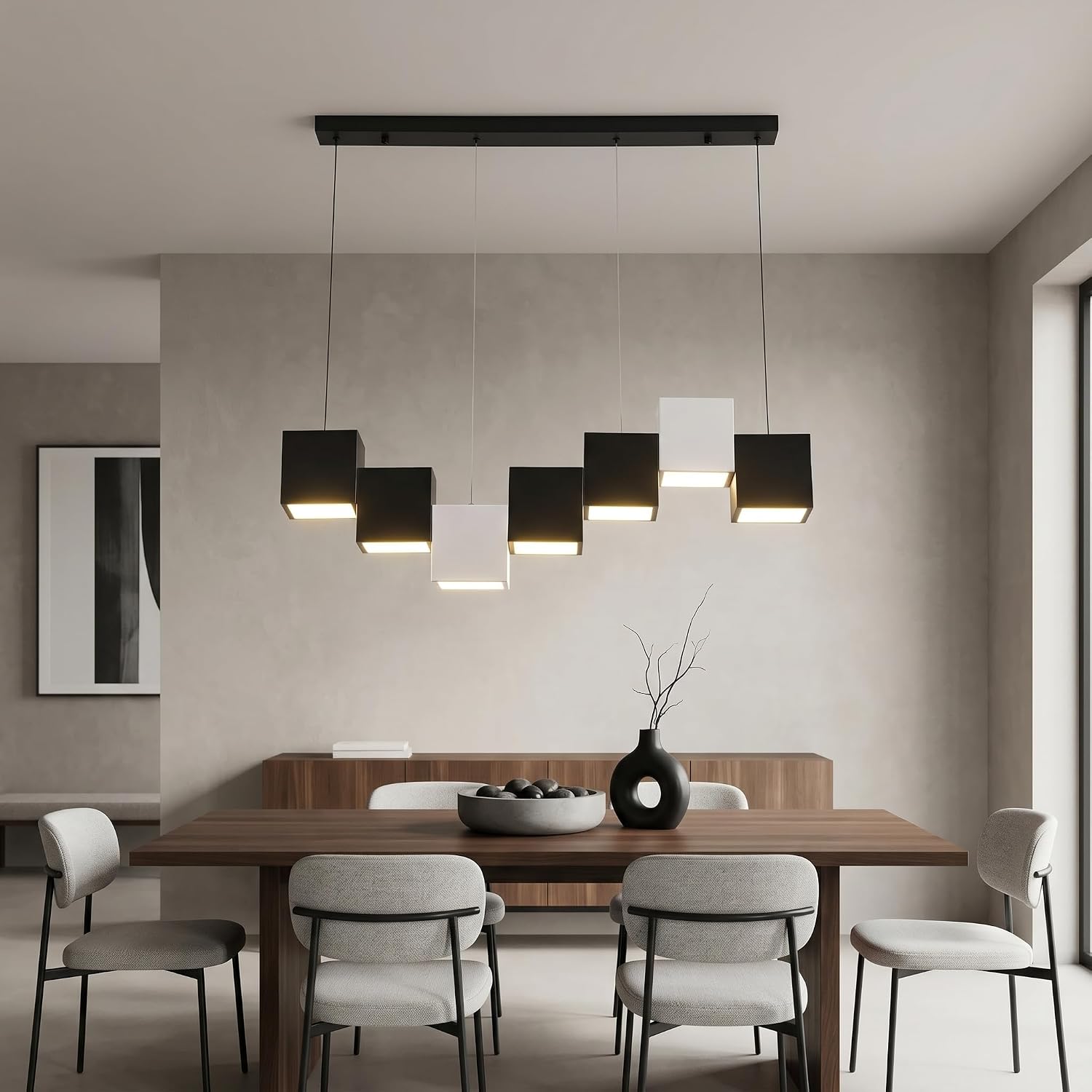 Morden Black and White Chandeliers for Dining Room Linear Chandelier Industrial Kitchen Island Lighting Square Ceiling Hanging Pendant Light for Living Room Bar CounterAbove Tea Room(7 Head)