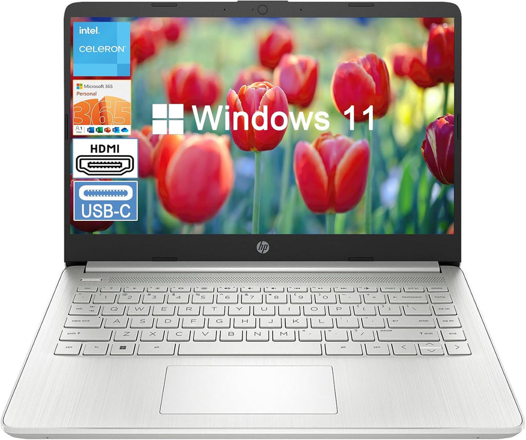HP 2024 Stream 14 inch Laptop for Students and Business, Silver Laptop 4GB RAM + 128GB eMMC Storage, 1-Year Office 365, ‎Intel Celeron N4120, Intel UHD Graphics, Win 11 S