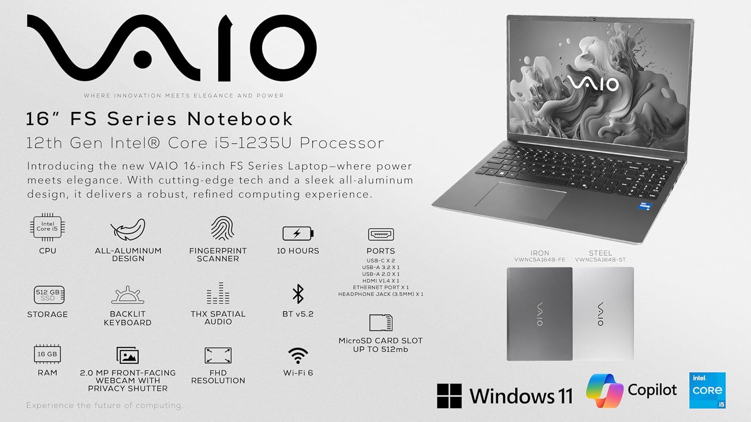 VAIO FS 14' Laptop | Intel® Core™ Ultra 7 (16-Core, AI) | 16GB RAM | 1TB SSD | All-Aluminum Chassis