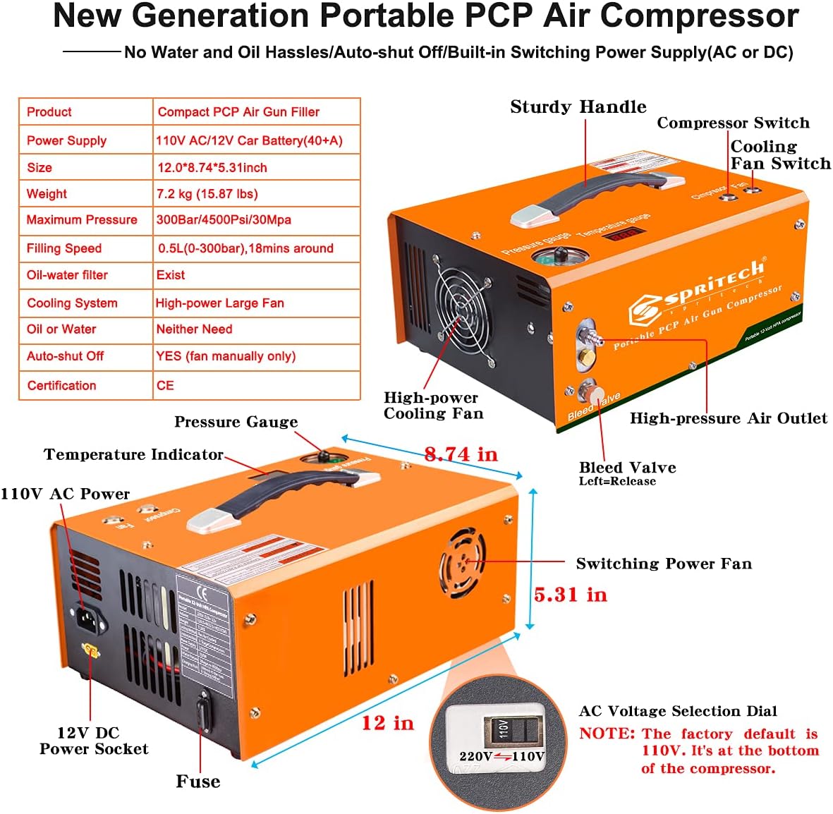 PCP Air Compressor,Auto-shutoff 4500Psi/30Mpa Oil/Water-Free Set-pressure Air Gun and Paintball Tank Pump with Water/Oil Separator,Built-in Power Adapter(110V AC or 12V Car Battery)