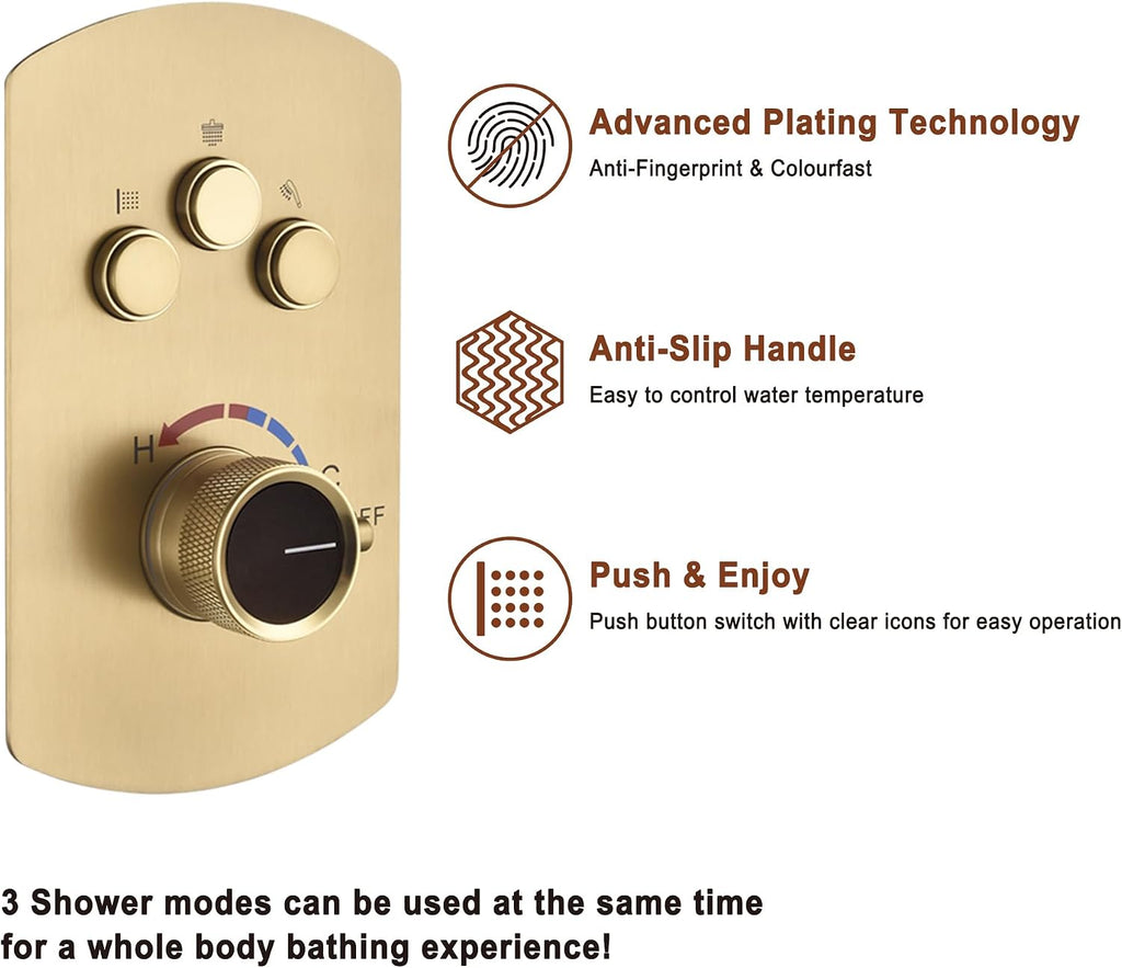 MONDAWE 12 Inch Ceiling Mounted Brushed Gold Shower System, 3-Functions Shower Faucet Set with Rainfall Dual Shower Head and High Pressure Handheld Spray, All Function Can be Used At the Same Time