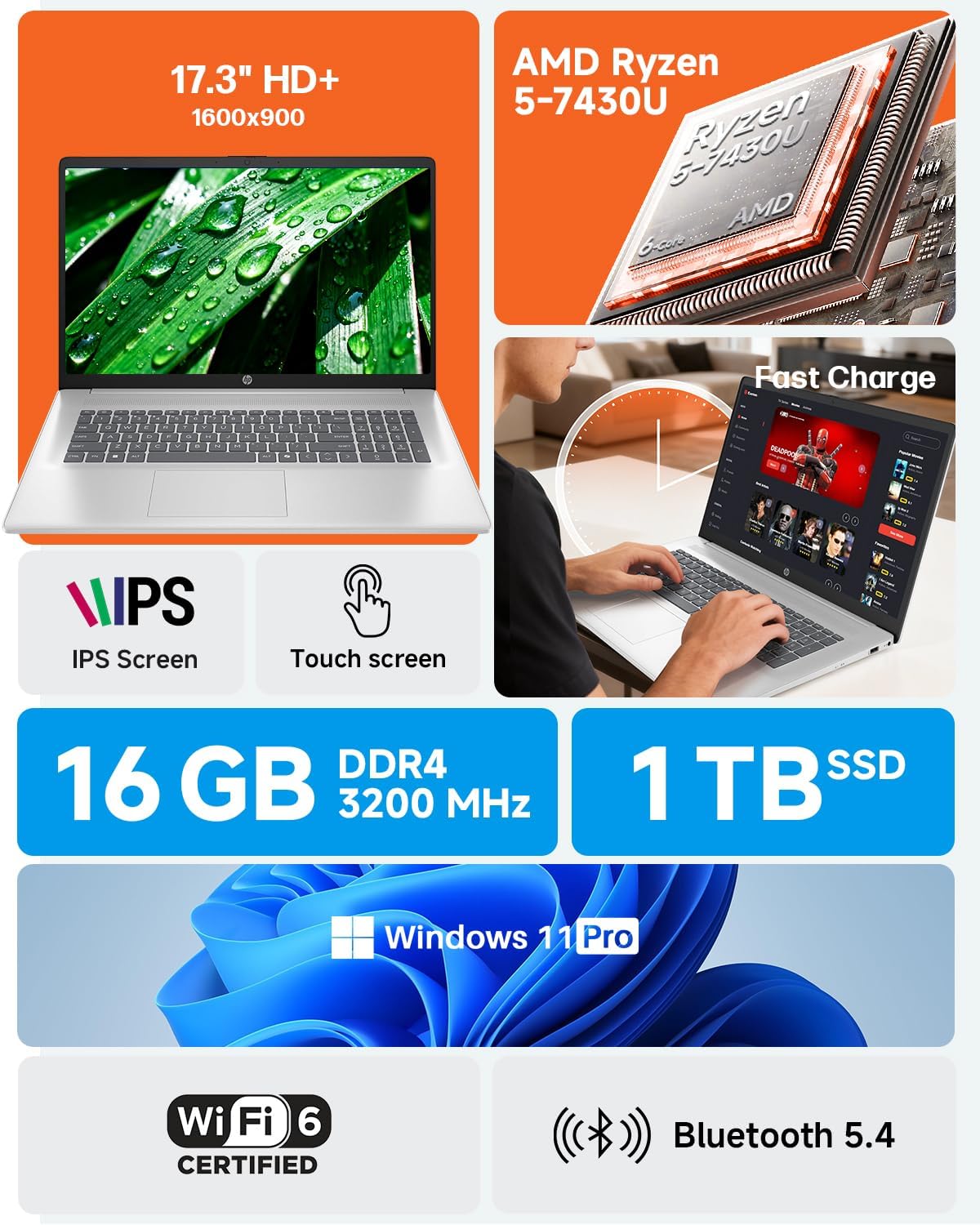 HP 17 Inch Touchscreen Laptop for Business, AMD Ryzen 5 7430U, 17.3' HD+ Anti-Glare Display, 16 GB RAM, 1 TB SSD, AMD Radeon Graphics, Copilot AI, Wi-Fi 6, Fast Charge, Windows 11 Pro, w/Accessories