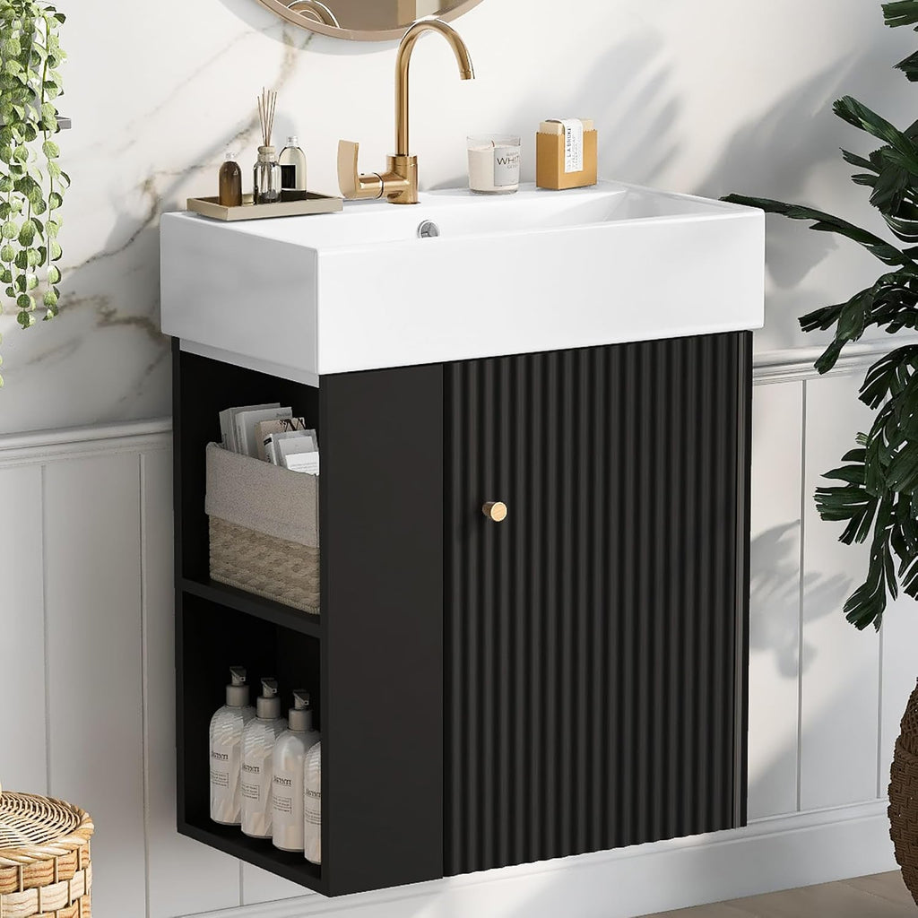 21.6-inch Bathroom Vanity with Sink, Wall-Mounted Vanity Cabinet with Storage Cabinet & Left Two-Tier Shelf, Solid Wood Bath Vanity Organizer with Ceramic Sink for Bathroom, Black