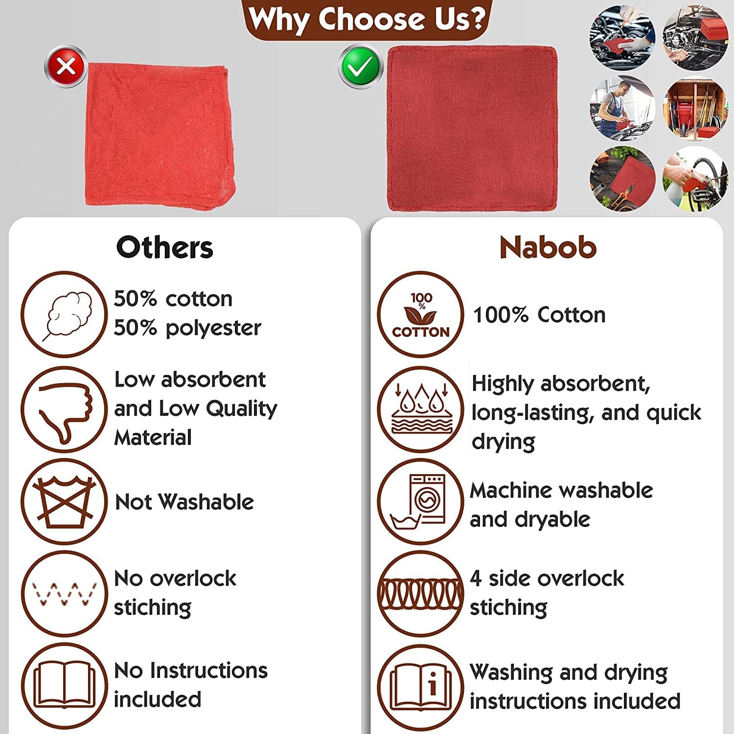 Nabob Wipers Auto Mechanic Shop Towels 500 Pack Bulk Shop Rags 100% Cotton Size 14'x14' Commercial Grade (500 Pack, Red)