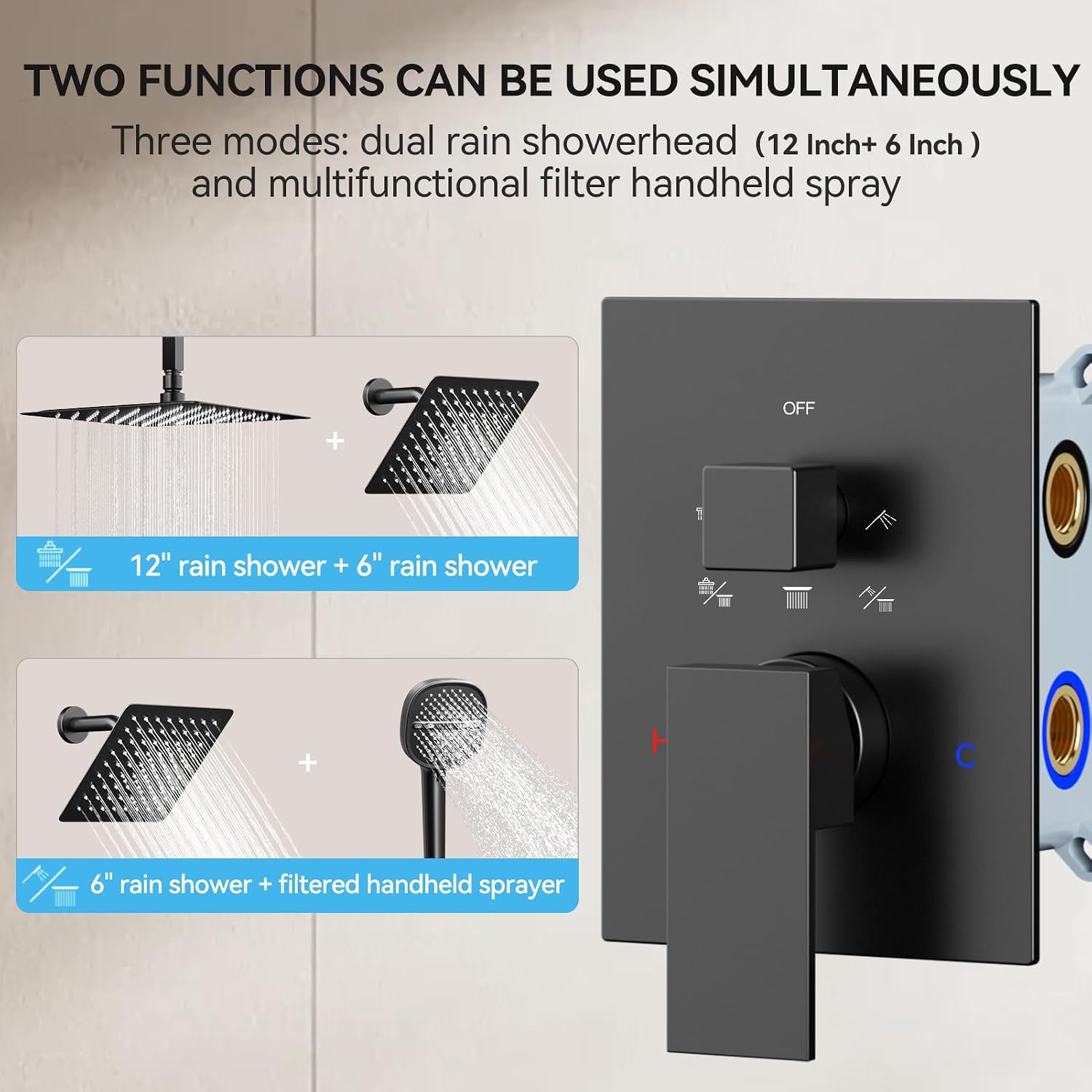 Matte Black Shower System Shower Faucet Sets, Dual Head Shower Set STARBATH 12'' Ceiling Mount and 6''Wall Mount Rainfall Shower Systems with Multifunctional Filtered Handheld Sprayer for Two Person