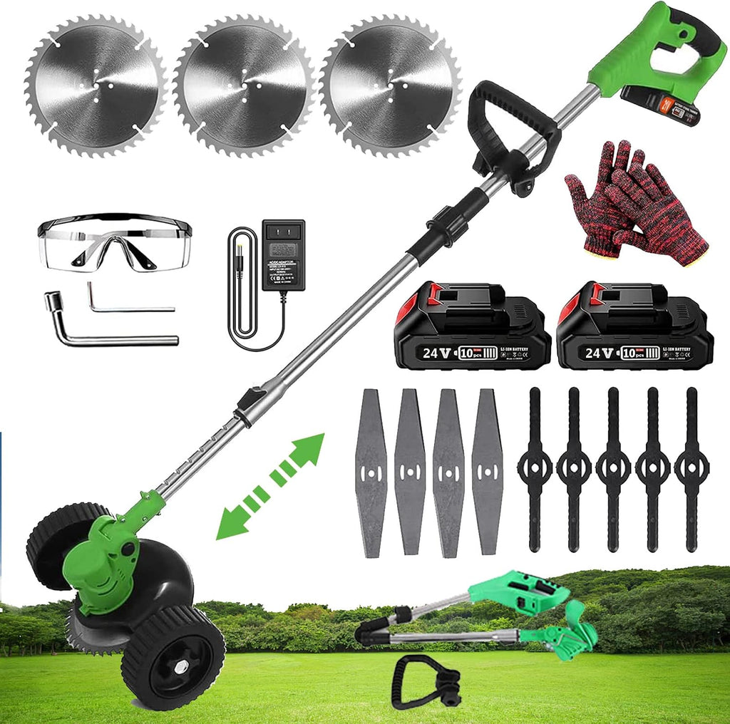 Electric Cordless Weed Wacker, Lightweight Wheeled No String Trimmer Lightweight and Powerful String Trimmer Push Lawn Mower Retractable and Foldable for Lawn, Yard, Garden