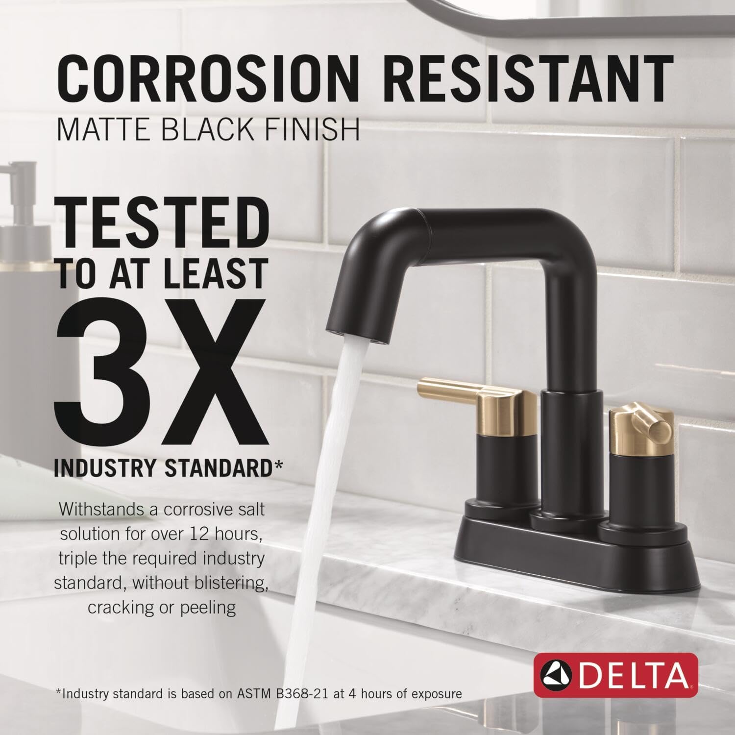 Delta Nicoli Centerset Matte Black/Brushed Gold Bathroom Faucet with Sprayer, 4 Inch 3 Hole Bathroom Sink Faucet with Pull Out Sprayer, Push-Pop Drain, Matte Black/Champagne Bronze 25849LF-GZPD
