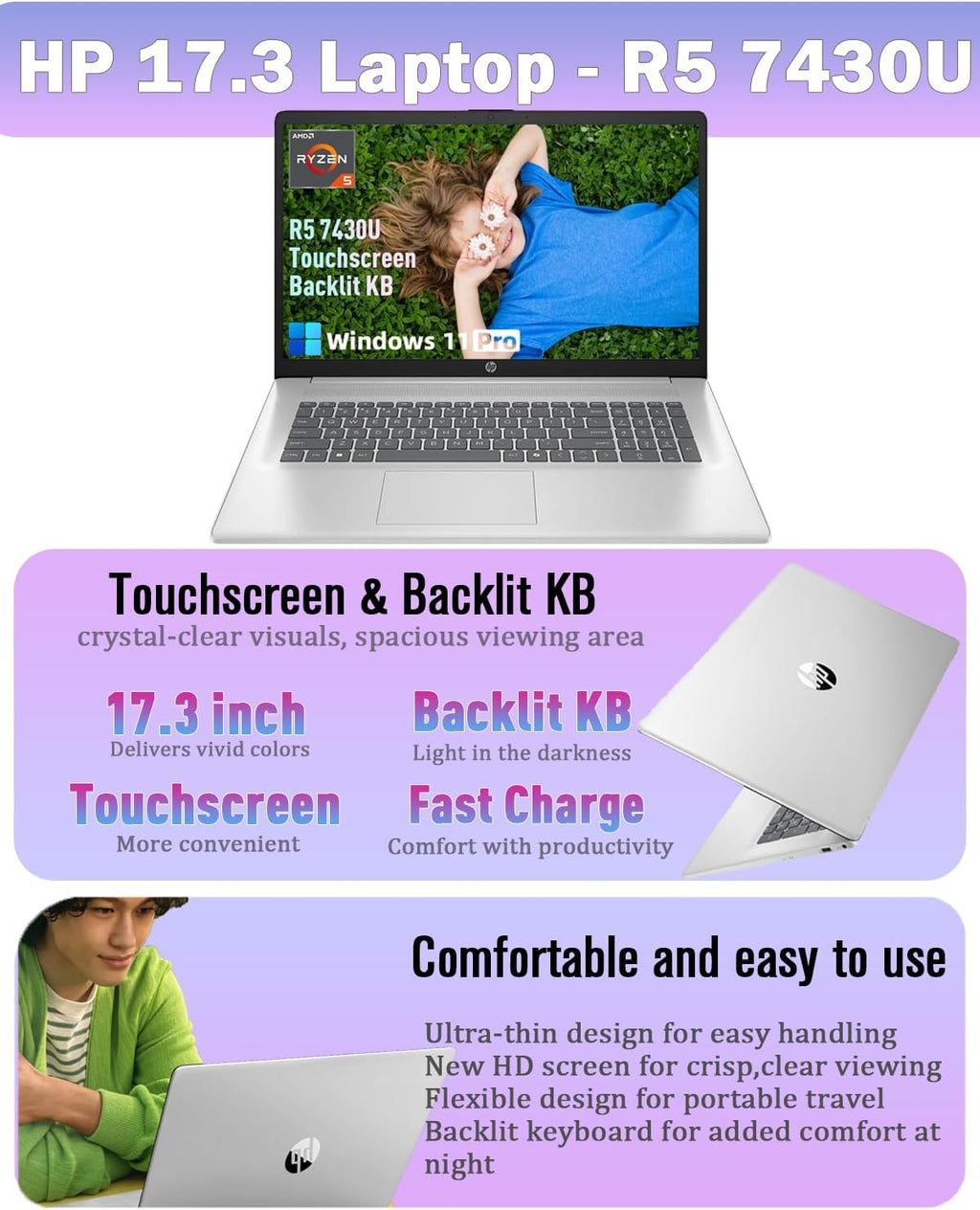HP 17.3 Touchscreen Laptop Computer, 17.3' 250 nits Anti-Glare Display, Ryzen 5 7430U(UP to 4.3GHz), Backlit Keyboard, 16GB RAM+512GB SSD, Windows 11 Pro, Fast Charge, AI Copilot Key