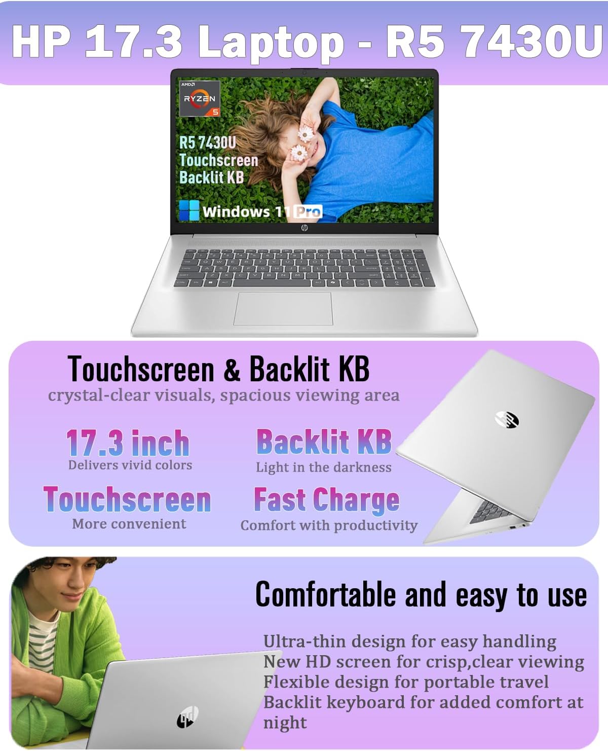 HP 17.3 Touchscreen Laptop Computer, 17.3' 250 nits Anti-Glare Display, Ryzen 5 7430U(UP to 4.3GHz), Backlit Keyboard, 16GB RAM+512GB SSD, Windows 11 Pro, Fast Charge, AI Copilot Key
