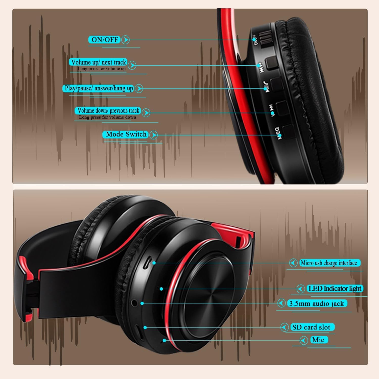 Bluetooth Headphones, Chat- Comfortable Over Ear Stereo Headphsets with Mic, Soft Earmuffs/Foldable/SD/TF, 20H Playtime, Great for Music/OFC/Tour/Gym/Game (10 pcs red Colors)