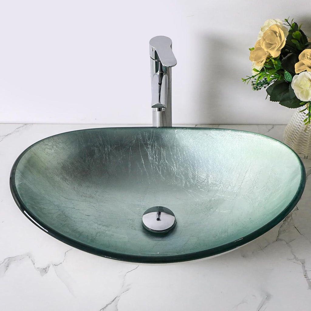 Sarlai Bathroom Vessel Sink Modern Artistic Tempered Glass Basin Countertop Bowl Sink for Lavatory Vanity Cabinet