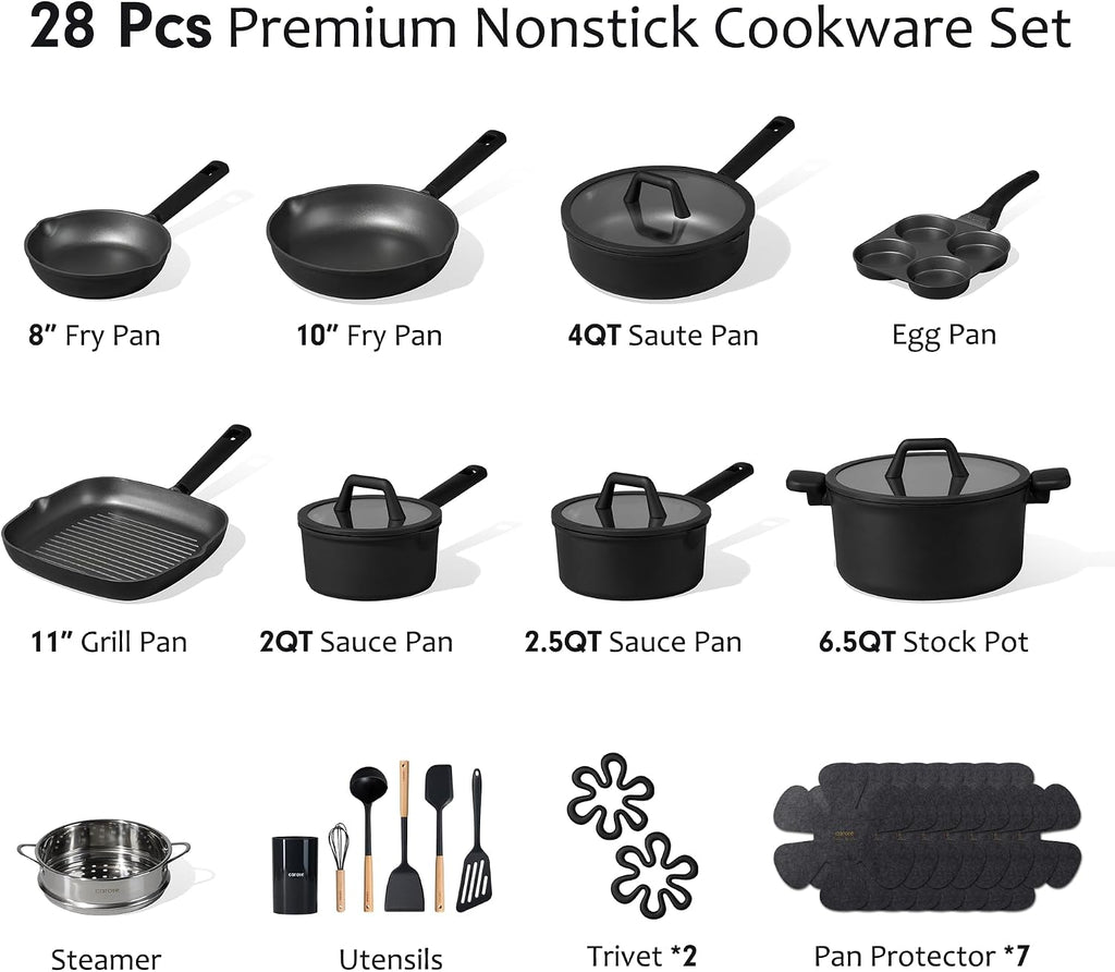 CAROTE 28PCS Pots and Pans Set, Nonstick Cookware Set Kitchen Non Stick Induction Titanium Cookware Non-toxic Granite Cooking set, PFOA Free, Black