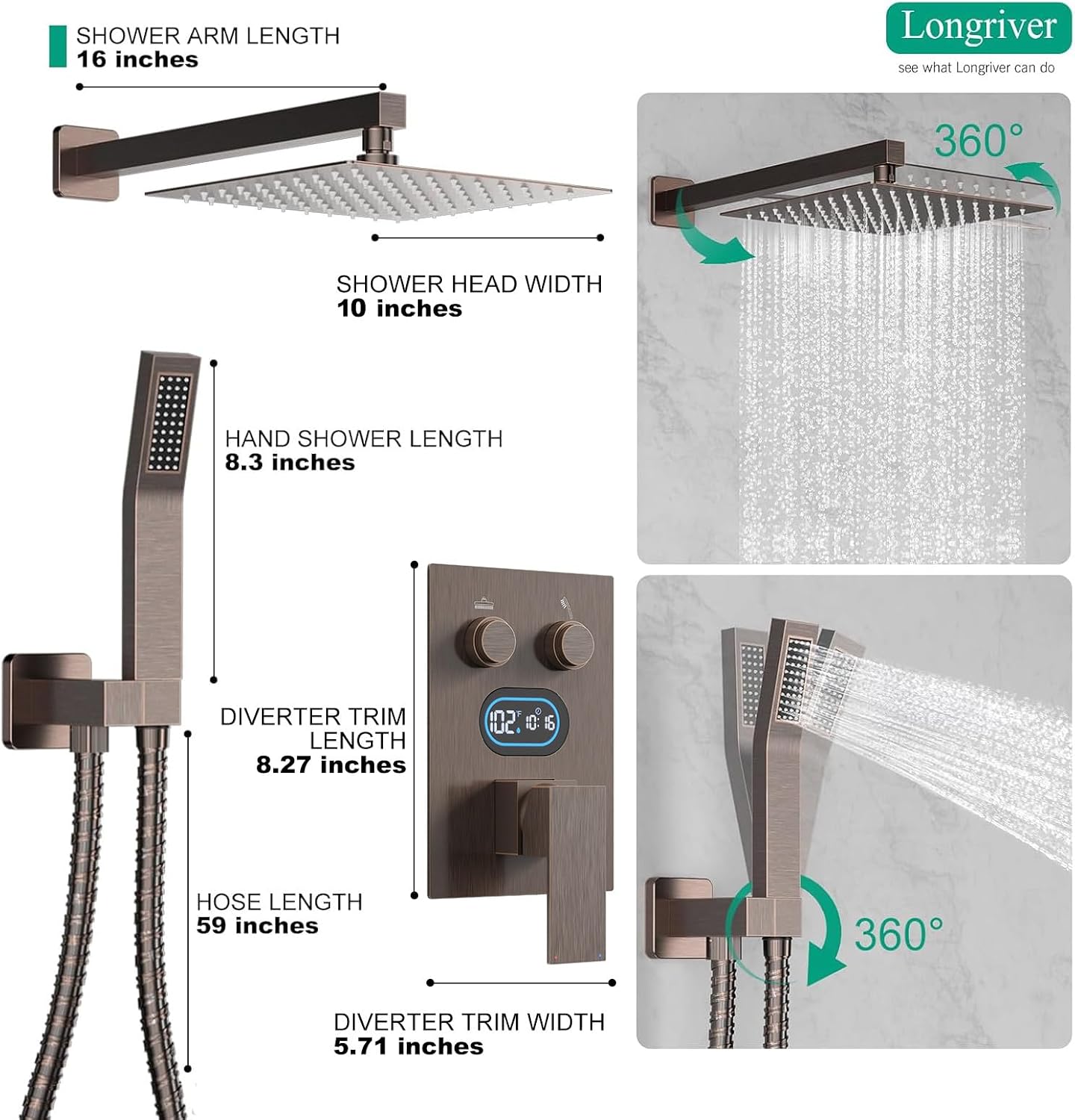 Push Button Diverter Shower Faucet Set Hydro Power Temperature Display, Shower System 10 Inches Shower Head with Handheld Spray, Wall Mounted Shower Fixtures with Valve and Trim Kit, Oil Rubbed Bronze