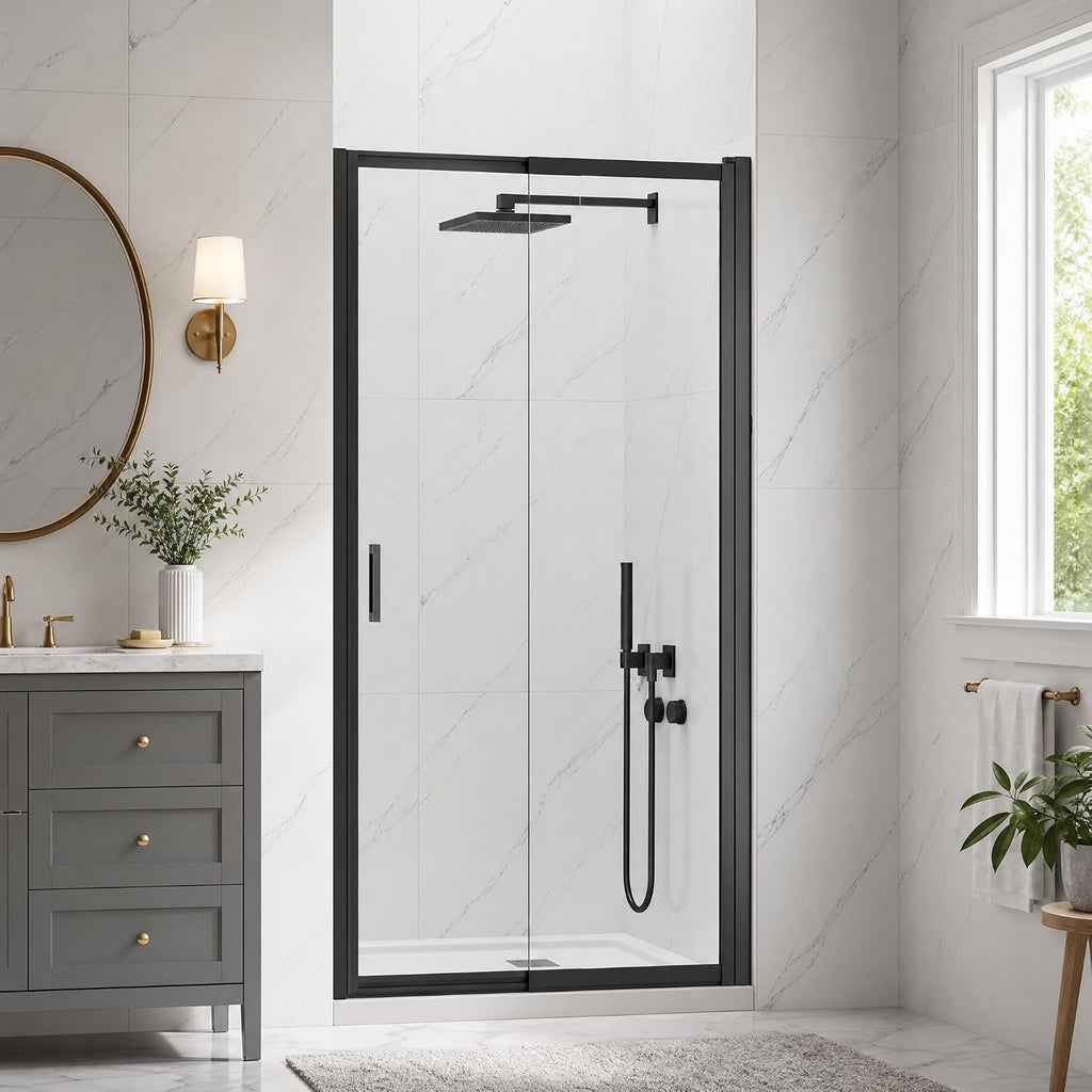 31-33' W x 72' H Slide-to-Overlap Pivot Shower Door, 180° Rotating Swing Shower Glass Door, SGCC Tempered Clear Glass,Matte Black