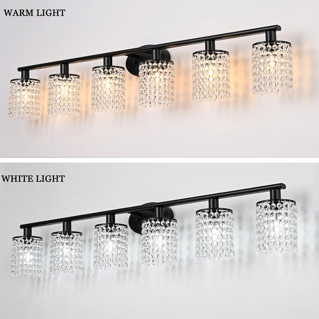 6-Light Bathroom Light Fixtures,Crystal Black Vanity Lights for Bathroom,Modern Bathroom Lights Over Mirror,Modern Black Wall Lights