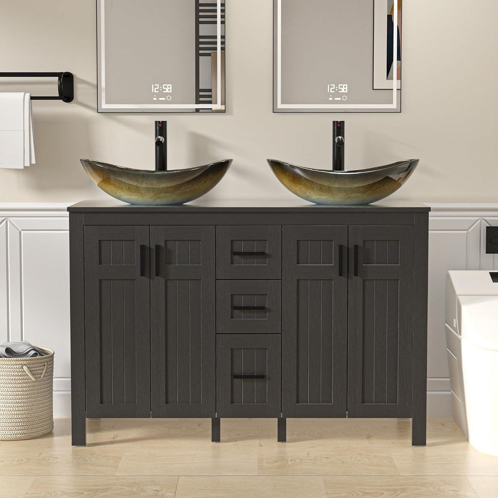 UEV 48' Bathroom Vanity with Sink Combo,Modern Freestanding Sink Cabinet with 3 Drawers,Stylish Bathroom Vanity Cabinet,Grooved Door,Metal Handles,Vessel Sink (Champagne Boat, 48''Black)