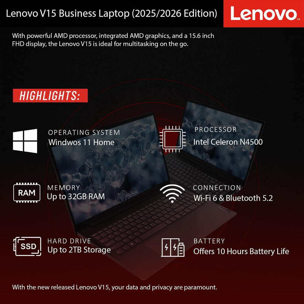 Lenovo Newly Designed V15 Business Laptop(2025/2026 Edition) with Microsoft Office, Intel Powerful CPU, 8GB RAM, 512GB SSD, 15.6' FHD Display, Ultra Quiet Design, Long Battery Life, Windows 11, WOWPC