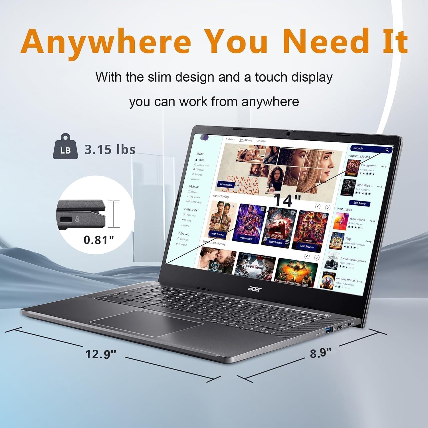 acer Chromebook Plus 514, 14' FHD Touchscreen Laptop, Intel 8-Core i3-N305, 8GB RAM, 512GB SSD, Chrome OS, Long Battery Life, High-End Business/Luxury Gift