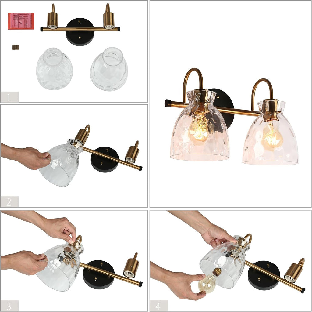 KSANA Modern Bathroom Vanity Lights, 2 Light Vanity Light Fixtures for Bathroom Black and Electroplated Brass Finish Mid-Century Wall Lamps with Water Ripple Glass