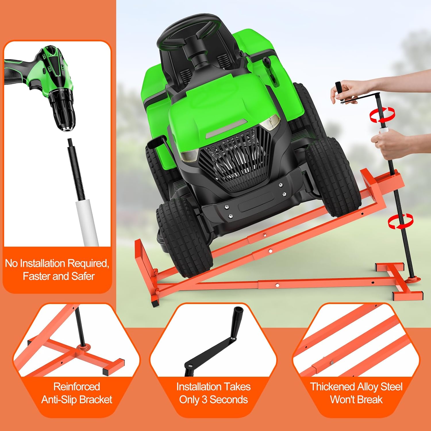 1400LB Lawn Tractor Lift Jack & Riding Mower Lift with Rotating Sleeve & Manual and Power Tool Handle, 3-Min Quick Setup, Anti-Slip Base, Heavy-Duty Universal Design for Lawn Mowers (Alloy Steel)