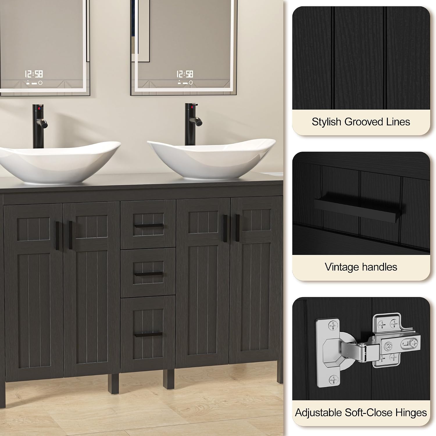 UEV 48' Bathroom Vanity with Sink Combo,Modern Freestanding Sink Cabinet with 3 Drawers,Stylish Bathroom Vanity Cabinet,Grooved Door,Metal Handles,Vessel Sink (Arch Rectangle, 48''Black)