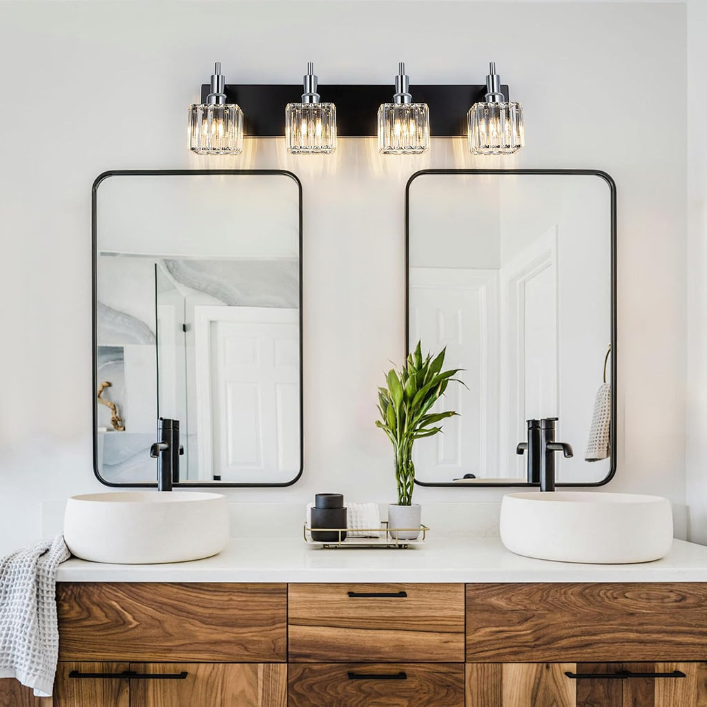 Black Chrome Bathroom Vanity Lights, Modern 4 Lights Crystal Bathroom Lighting Fixtures Over Mirror Crystal Wall Light with Square Shade