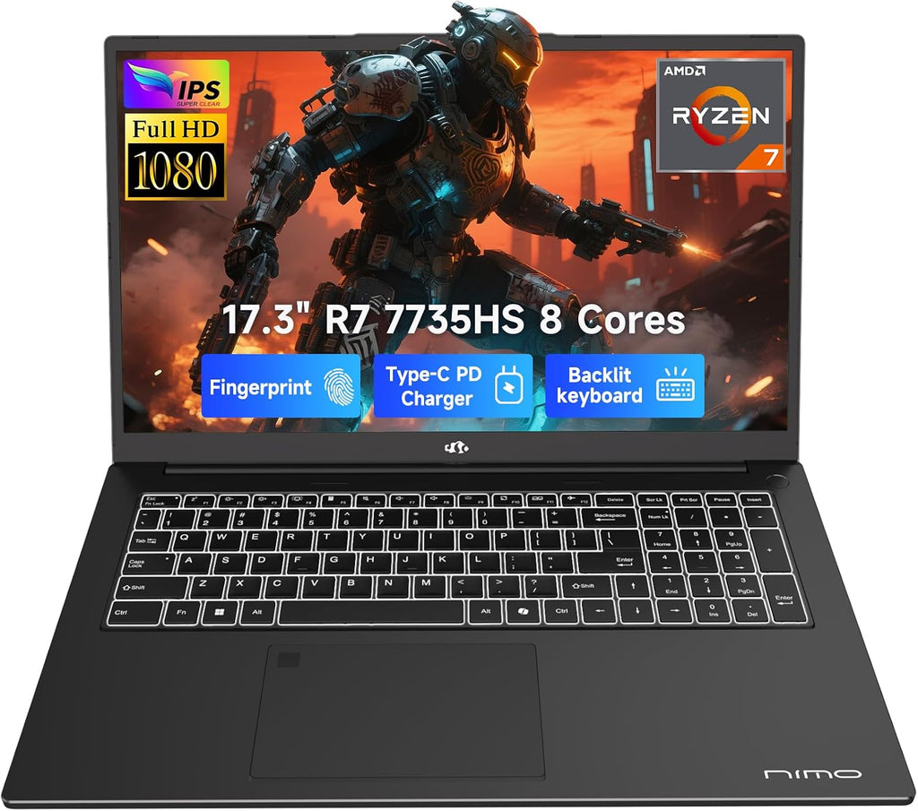 NIMO 2025 Gaming-Laptop, 17 Inch AMD Ryzen 7 7735HS 64GB DDR5 RAM 2TB SSD (8C/16T, Beats i7-12650H) Computer with Radeon 680M, 100W Type-C, WiFi-6E, 58Wh Battery, Fingerprint, Backlit KB for Business