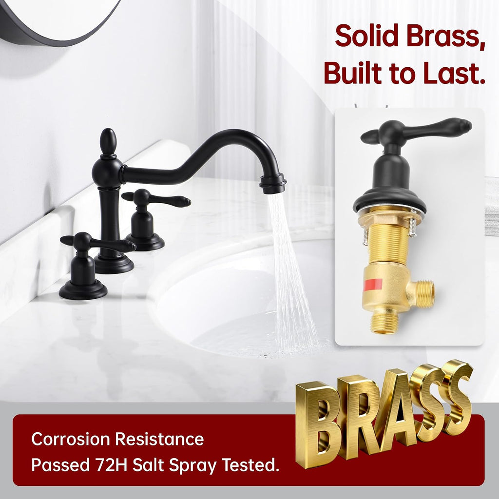 sumerain Matte Black 8 inch Widespread Bathroom Faucet, 2 Handles Vintage Basin Faucet with Swivel Spout