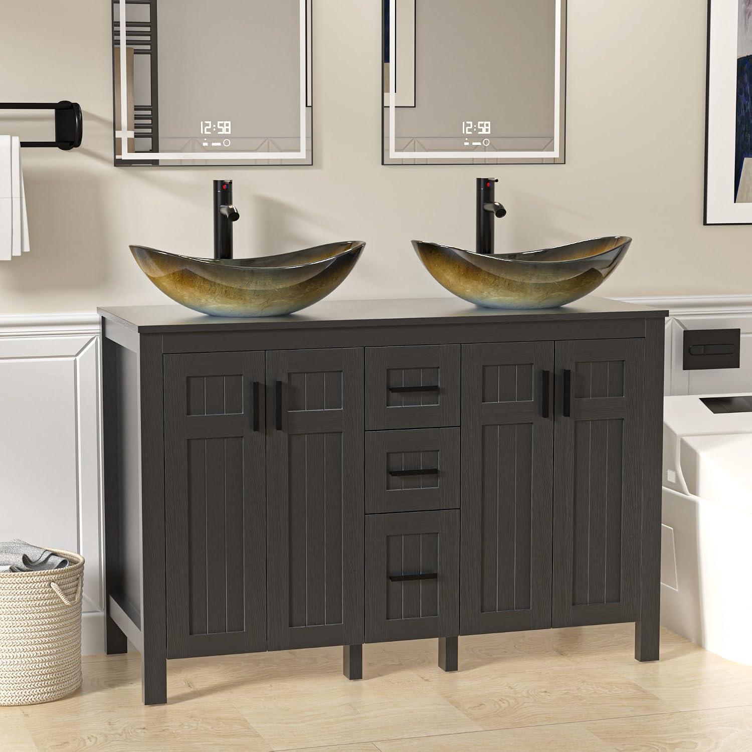 UEV 48' Bathroom Vanity with Sink Combo,Modern Freestanding Sink Cabinet with 3 Drawers,Stylish Bathroom Vanity Cabinet,Grooved Door,Metal Handles,Vessel Sink (Champagne Boat, 48''Black)