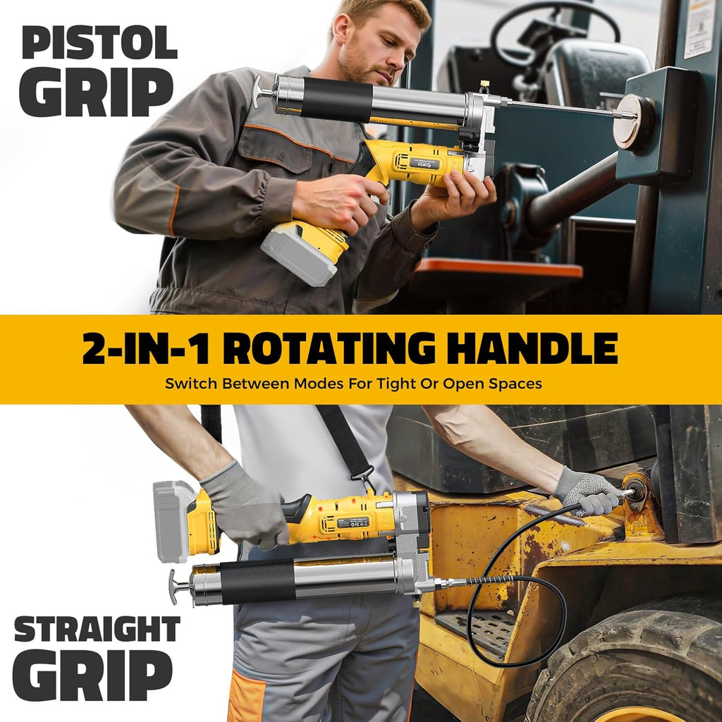 Ecarke Cordless Grease Gun Compatible with DeWalt 20V Battery, 12000PSI Max Electric Grease Gun, Dual Pistol & in-Line Grip, Works with Bulk & Cartridge Grease, with 39' Hose & 4 Couplers (Tool Only)