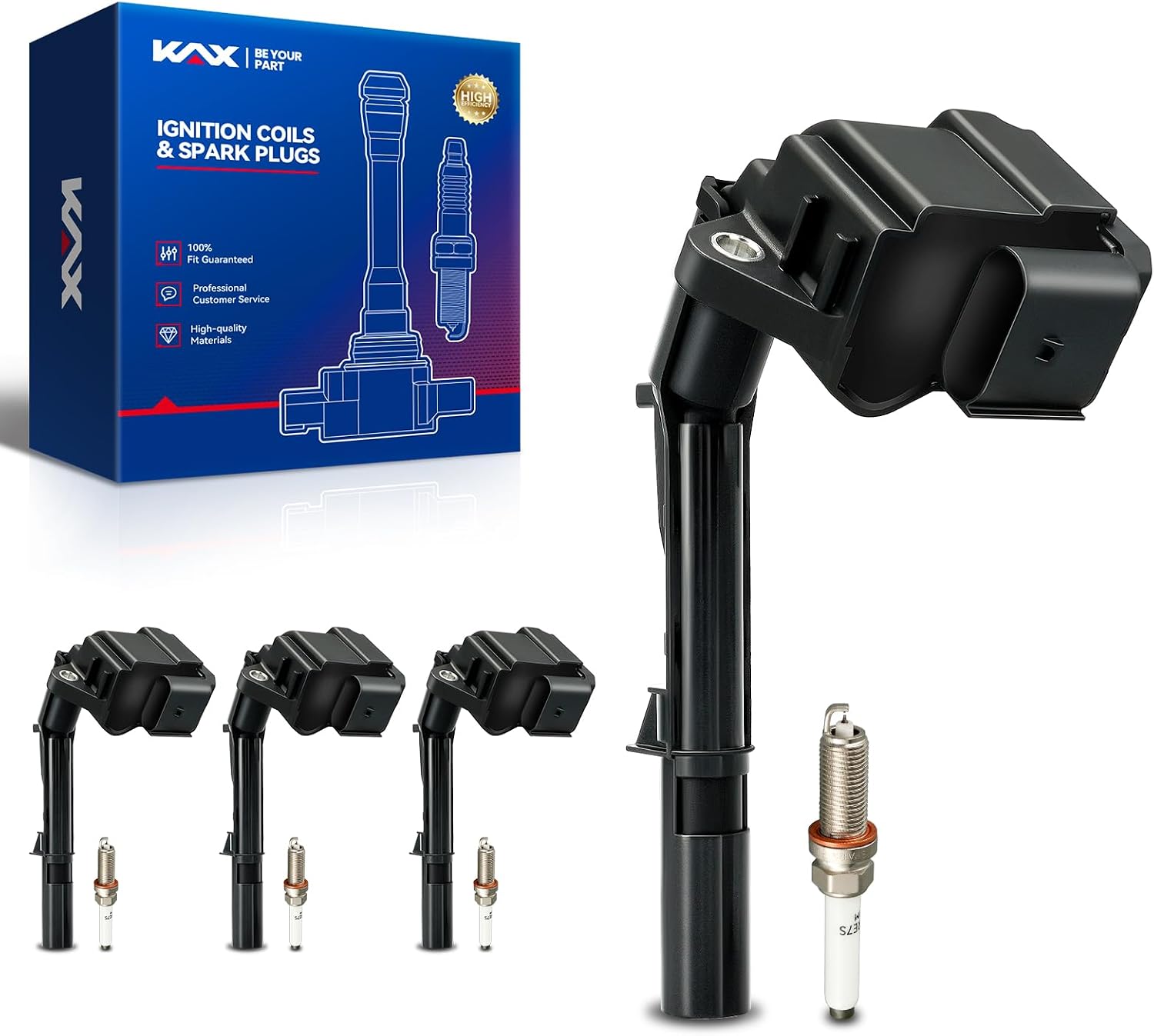 KAX 4-Pack Ignition Coils and Double Iridium Spark Plug Set for Mercedes-Benz C300 2015-2018, GLC300 2016-2019, GLA250 2015-2020, CLA250 2014-2019, E300 2017-2019, Metris, QX30, Q50, SLC300, UF734