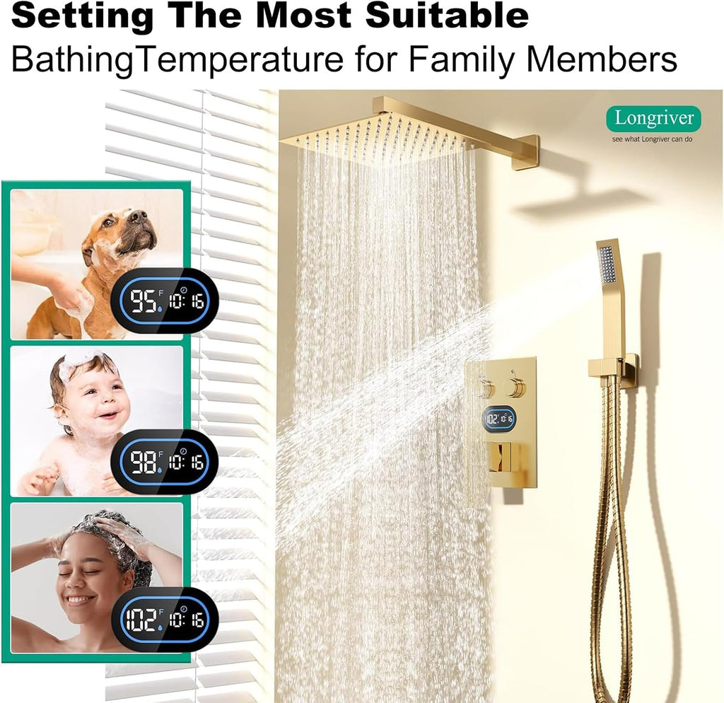 Push Button Diverter Shower Faucet Set Hydro Power Temperature Display, Shower System 10 Inch Shower Head with Handheld Spray, Wall Mounted Shower Fixtures with Valve and Trim Kit, Brushed Gold