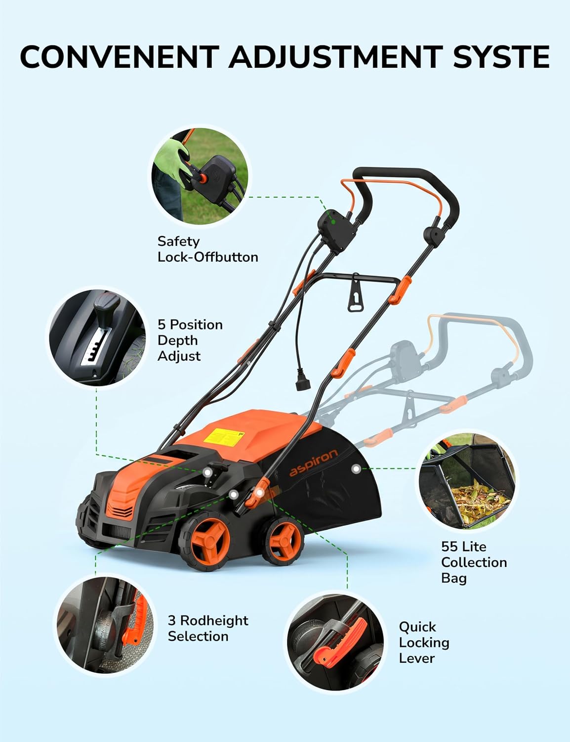 16' Artificial Turf Vacuum, 1800w Grass Sweeper 15 Amp Lawn Sweeper Yard Power Brush with 55L Removable Leaf Collection Bag, Quick-Fold, Keeps Clear Sweepy Box, Orange
