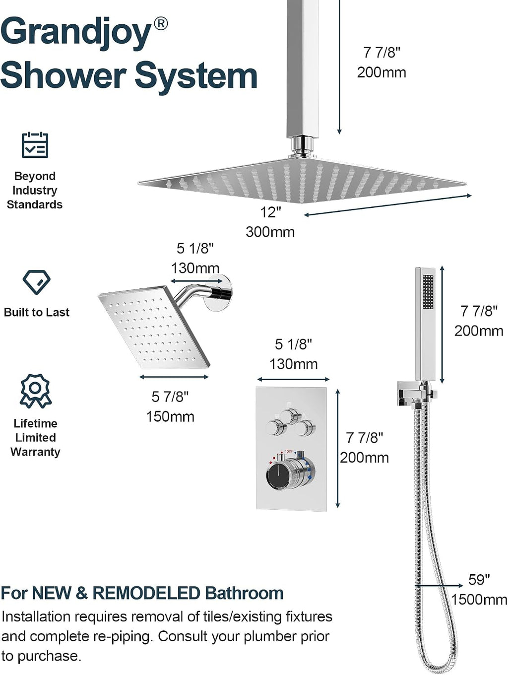 Thermostatic Shower System, 12 Inch Dual Rainfall Shower Heads for Ceilling & Wall Mounted with Handheld Sprayer, Chrome