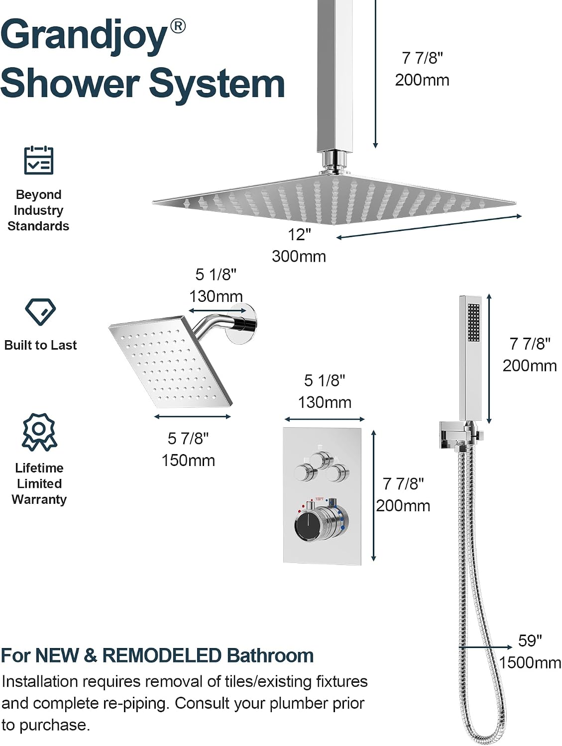 Thermostatic Shower System, 12 Inch Dual Rainfall Shower Heads for Ceilling & Wall Mounted with Handheld Sprayer, Chrome