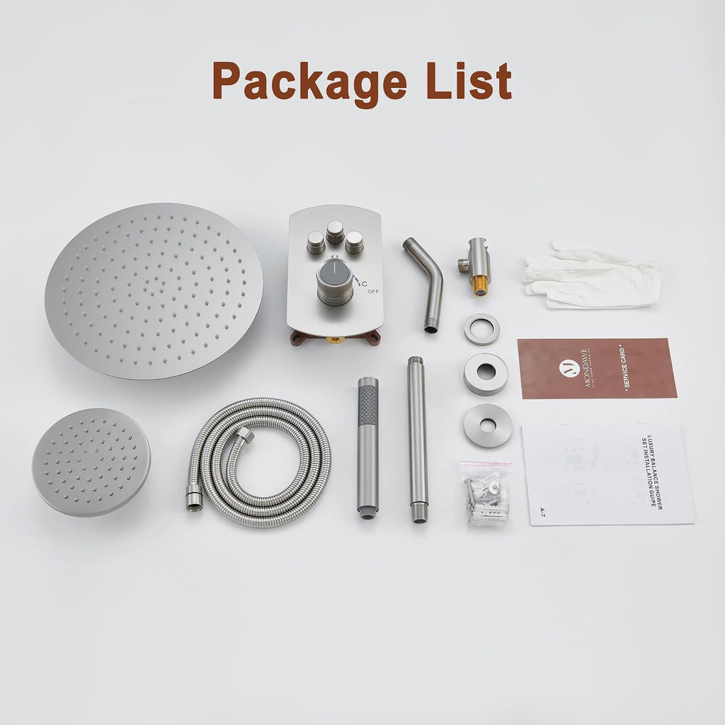MONDAWE 12 Inch Ceiling Mounted Shower System in Brushed Nickel, 3-Function Shower Faucet Set with Rainfall Dual Shower Head and High Pressure Handheld Spray, All Function Can be Used At the Same Time